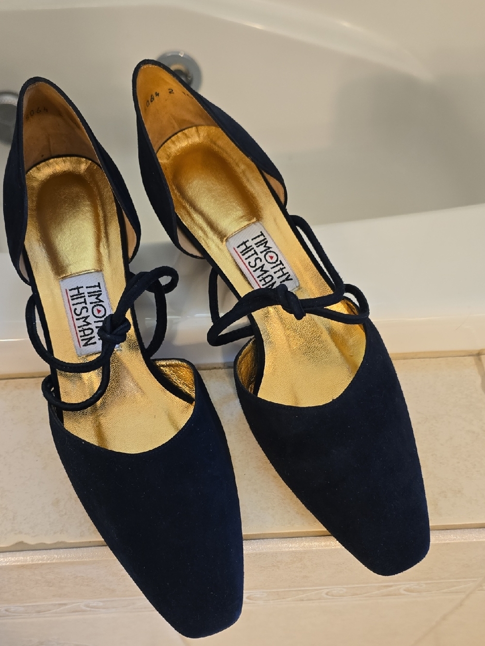 Timothy Hitsman Black Suede Pointed Tie-Heels with Gold Insole